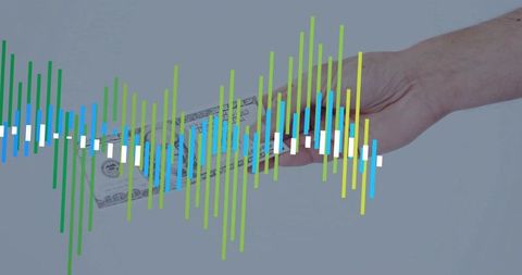 Hand offering dollar bill with colorful waveform overlay representing financial data idea