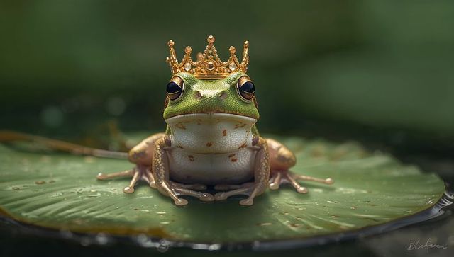 Regal Green Tree Frog Wearing Ornate Gold Crown on Lily Pad with Water Droplets