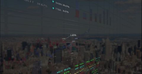 Financial Charts and Data Projected on Cityscape Background