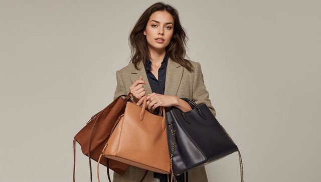 Confident model holding three leather totes in brown, tan and black wearing checked blazer