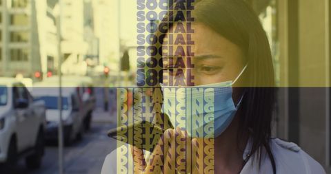 woman in mask using smartphone with social distancing message - Download Free Stock Images Pikwizard.com