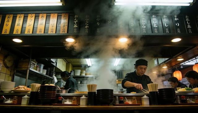 Ramen chef stirring steaming broth at wooden counter with lacquer bowls and lanterns