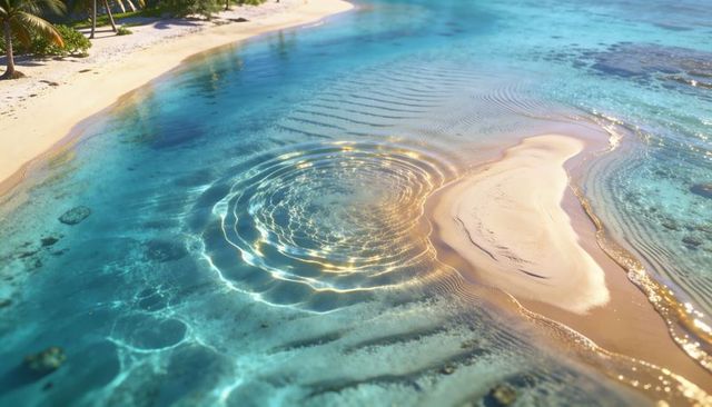 Turquoise lagoon shimmering with concentric ripples over sandbar and palm-fringed shore