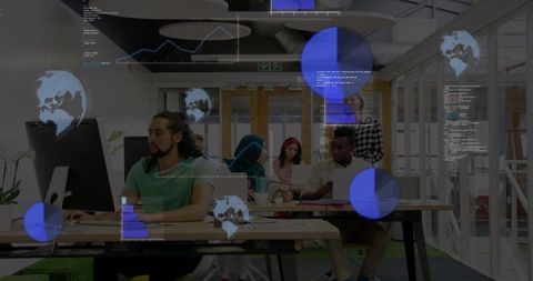 Diverse Team Collaborating in High-Tech Office with Holographic Displays