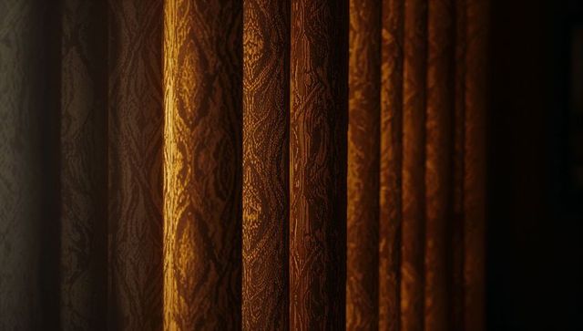 Golden Damask Drapery Panels Glowing with Warm Light Emphasizing Texture and Pleats