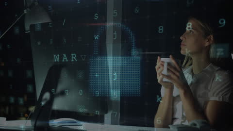 Businesswoman Analyzing Cybersecurity Concepts at Night