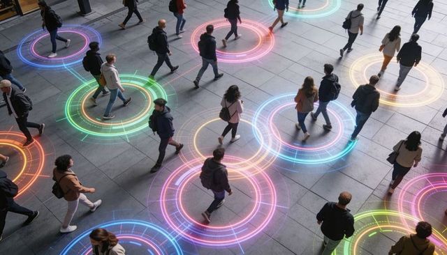 Commuters walking through augmented reality circles showing personal space and navigation