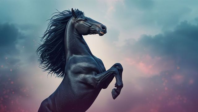 Majestic Black Stallion Rearing Against Twilight Sky Scenery