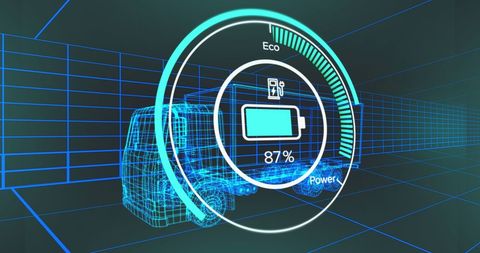 Futuristic digital car interface with data processing graphics