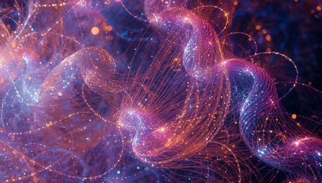 Luminescent Neural Filaments Flowing Through Digital Nebula With Golden Particle Trails
