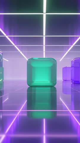 Neon green cube glowing on reflective grid with purple cubes in futuristic chamber vertical video