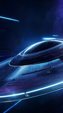 Disc-shaped spacecraft emerging from void, gliding through neon tunnel, vertical sci-fi video