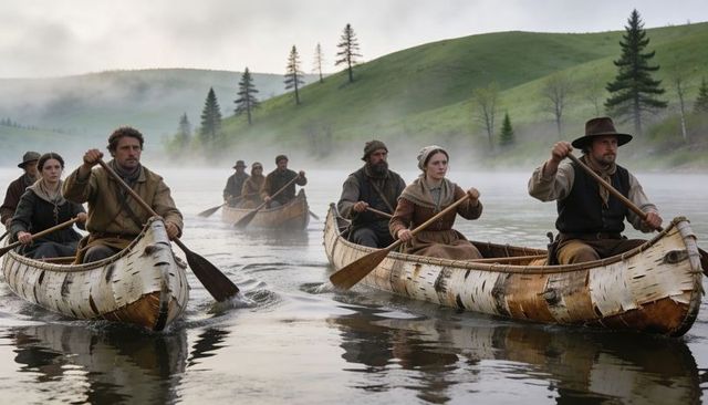 Voyageurs paddling birchbark canoes on misty river with rolling green hills and pines