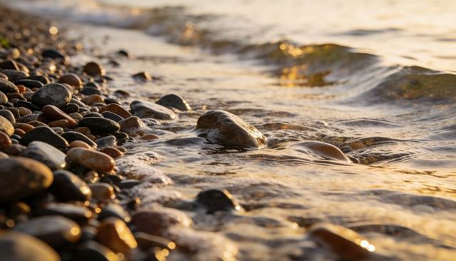 Golden sunset waves washing smooth pebbles on rocky shoreline, close-up seascape texture