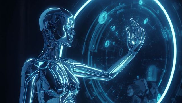 Chromed female android reaching holographic interface with futuristic data ring
