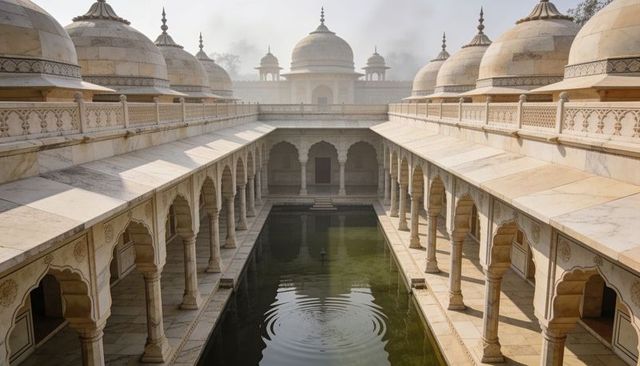 Mughal marble courtyard showing reflecting pool, symmetrical colonnade and domed balustrades