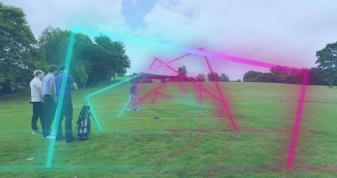 Four golfers chatting on scenic fairway with neon light streaks and wide copy space
