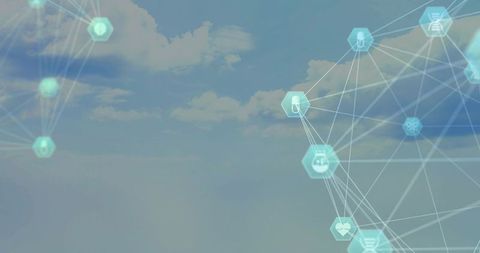 Hexagonal Cloud Data Network with Connected Pictogram Nodes Over Soft Blue Sky Background