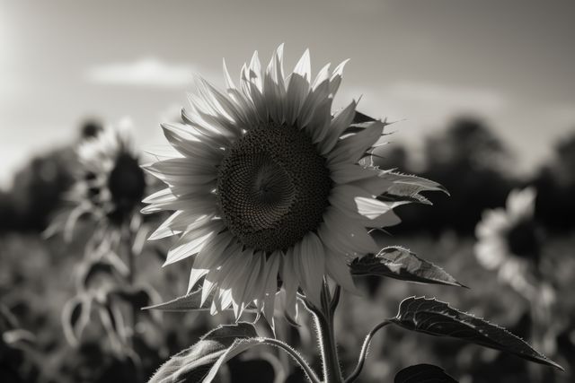 Sunflower with blurred background in black and white, created using generative ai technology. Nature, summer and flower concept digitally generated image.