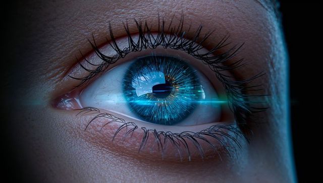 Close-up human eye displaying holographic iris patterns and blue cybernetic lens flare