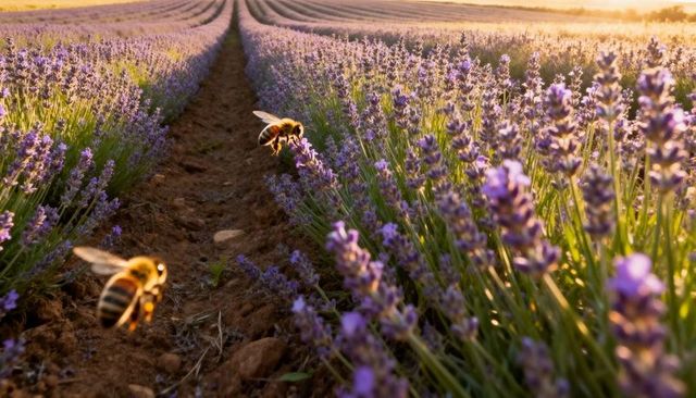 Two honey bees hovering over sunlit lavender rows at golden hour