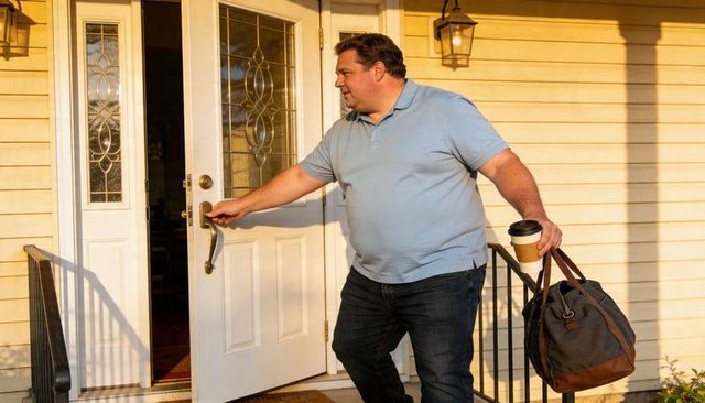 Man opening sunlit front door holding coffee and duffel bag