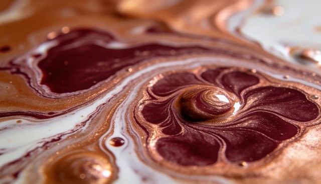 Swirling maroon and copper paint forming glossy bead with metallic marbling