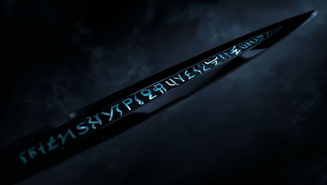 Glowing cyan rune sword blade slicing through stormy void with mystic mist and steel edge