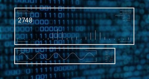 Futuristic hud dashboard displaying binary matrix numeric readout 2748 and waveform visualization