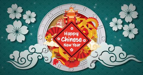 Traditional chinese new year celebration design with dragons and lanterns