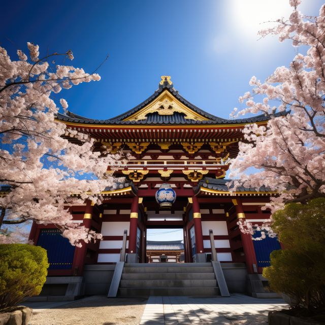 Trees and temple with oriental pattern over blue sky, created using generative ai technology. Architecture, culture, religion and tradition concept digitally generated image.