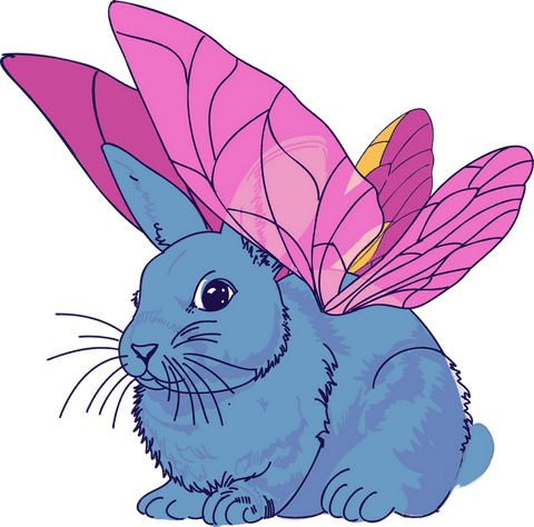 Blue rabbit with butterfly wings art on transparent background