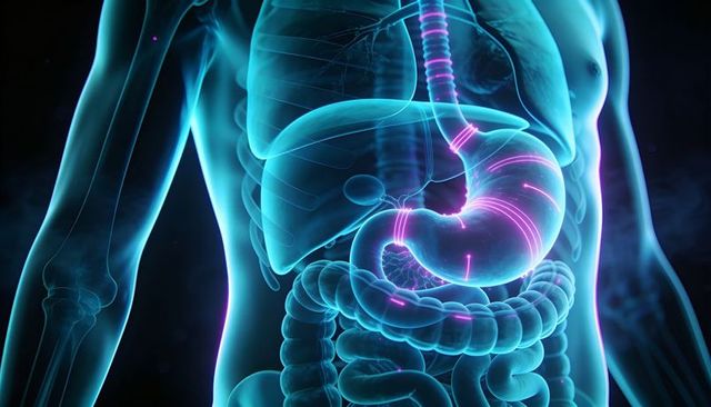 Neon anatomical visualization of human digestive tract highlighting stomach and intestines