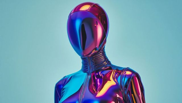 Futuristic humanoid figure in metallic bodysuit facing forward