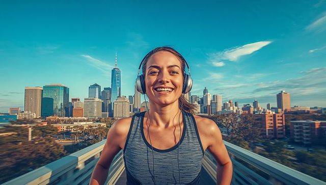 Woman Running with Headphones in Urban Skyline Setting