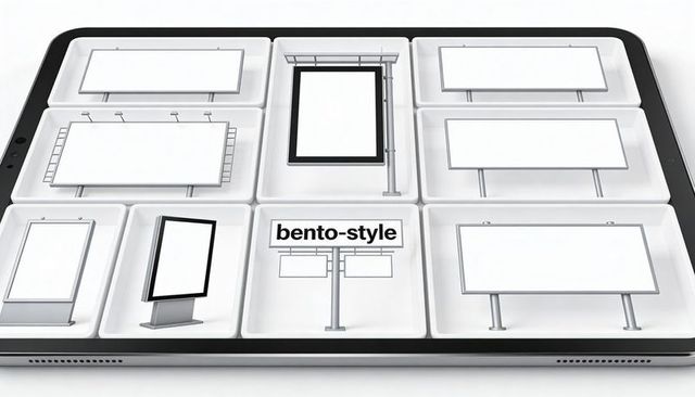 Tablet showing bento-style billboard grid mockup for digital signage and kiosk design