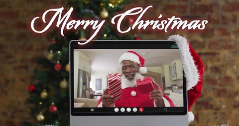 Virtual christmas celebration with african american santa