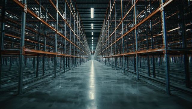 Empty warehouse aisle with storage racks and led lighting
