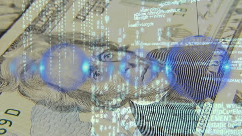 Digital Data Overlay on Banknotes Illustrating Global Business