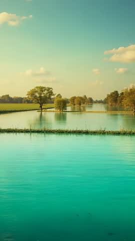 Vertical video of shimmering island trees reflecting on calm turquoise pond with ripples