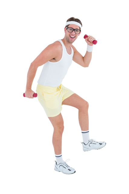 Geeky Hipster Lifting Dumbbells in Retro Sportswear Transparent Background - Download Free Stock Videos Pikwizard.com