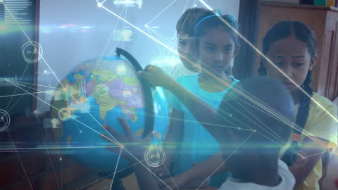 Diverse Schoolchildren Engaging with Globe and Digital Network Overlays
