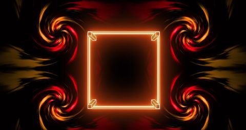Glowing orange square frame with spiraling patterns on black background