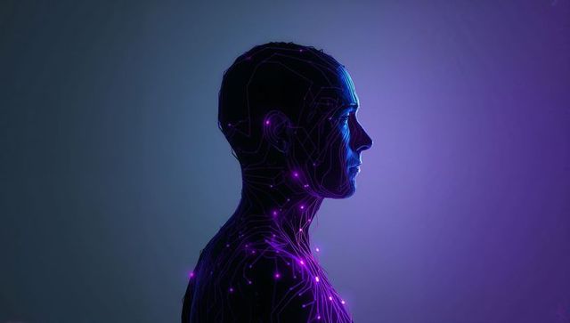 Neon Neural Silhouette of Human Profile with Pulsing Circuitry and Futuristic Glow, AI Concept