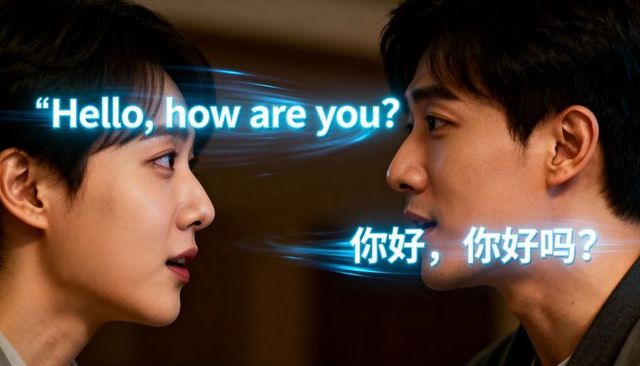 Bilingual conversation closeup showing english and chinese text overlays with warm glow
