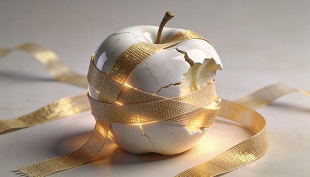 Glowing cracked white apple wrapped in gold ribbon emitting warm inner light