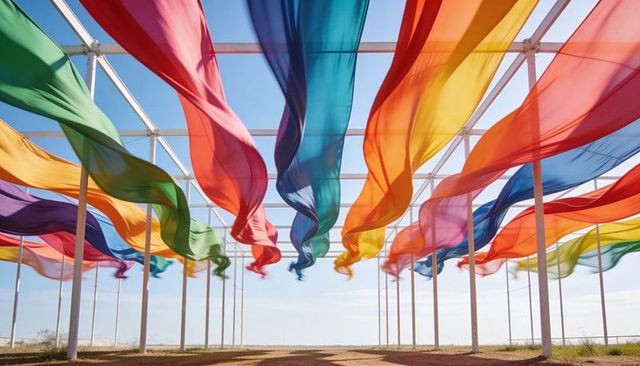 Billowing rainbow fabric canopy over dirt path under white frame outdoor art installation