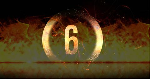 Dramatic fiery countdown with number six in flame background