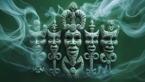 Mystical haiti stone masks with swirling smoke effect