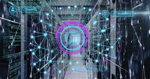 Holographic AI Network Projecting Over Datacenter Server Corridor with Neural Visualization